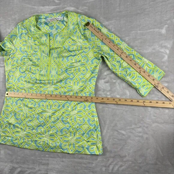 Gretchen Scott Designs Green Blue White Pattern Cotton Tunic Top Sz Large spring - Picture 9 of 9